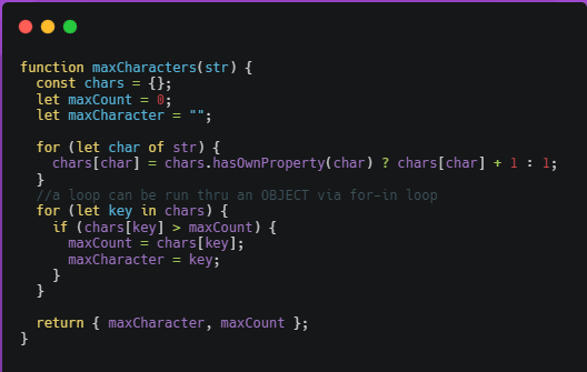 Find the most recurring character in a string- via JavaScript